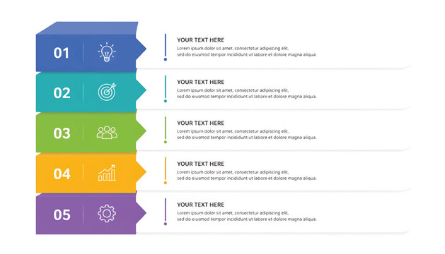 Five step vertical infographic, design with colored block tabs, infographic white background