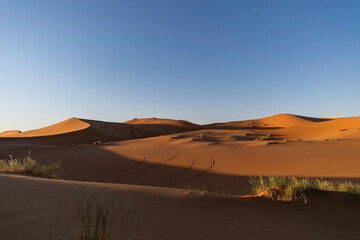 Fototapeta premium Beautiful sand dunes of Erg Chebbi in Sahara desert at sunset, Morocco