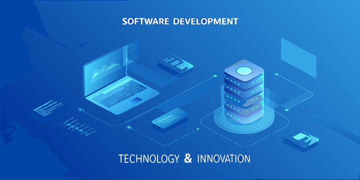 Isometric illustration of software development components with blue gradient background