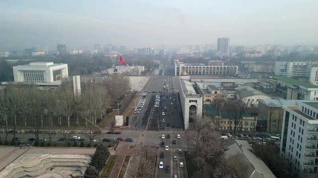 Bishkek State History Museum and Chuy Avenue, flight above the avenue
