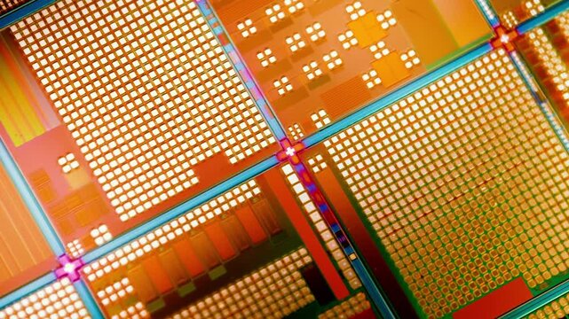 Macro motion of semiconductor silicon wafer showing microscopic integrated circuit patterns and golden glow.