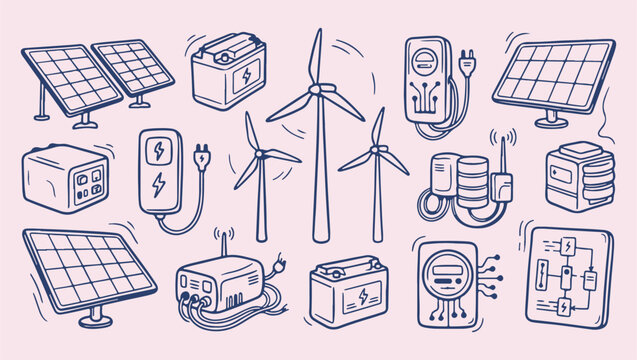 Renewable green energy power pattern, wind turbine solar battery illustration, sustainable energy technology sketch background, clean power eco drawings, wind energy electrical print, green energy tec