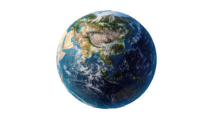 Isolated realistic Earth globe showing Asia with day and night zones and city lights