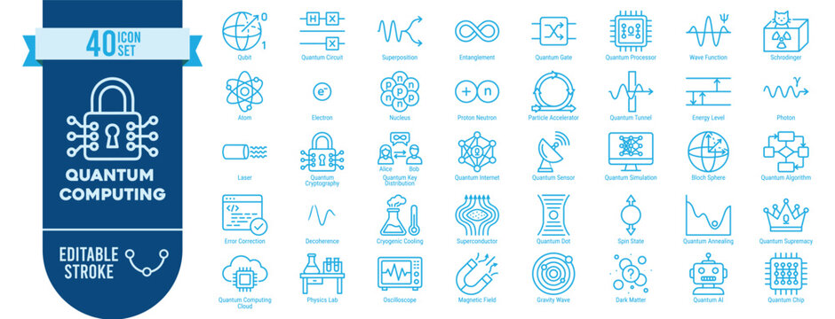 Quantum computing icon set vector template with 40 editable stroke symbols for physics, technology, and science design in blue outline style