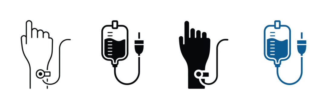 Four distinct medical infusion set icons featuring a hand connected to a saline drip bag in minimalist linear and solid black and blue vector styles for modern healthcare graphic design.