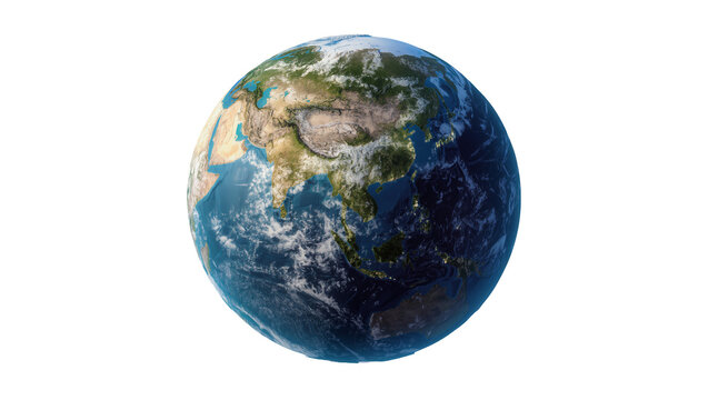 Isolated realistic Earth globe showing Asia with day and night zones and city lights