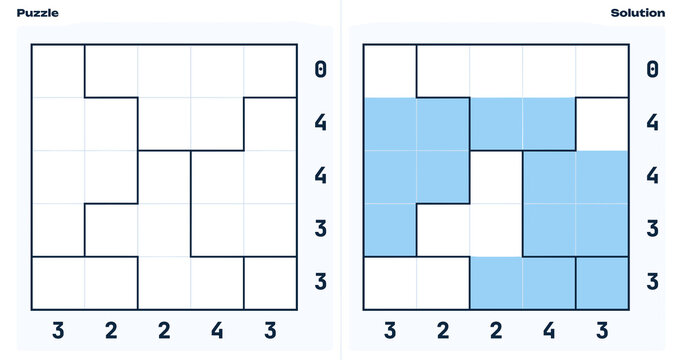 Aquarium puzzle grid with solution displayed on white background  