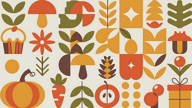 Colorful illustration of various autumnal icons and shapes on cream background