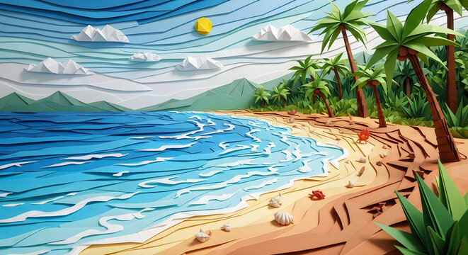 Layered Paper Art Tropical Beach Landscape