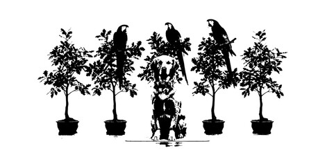 Fototapeta premium Black and white silhouette of a dog sitting between potted trees with parrots perched on top branches isolated on transparent background, Vector