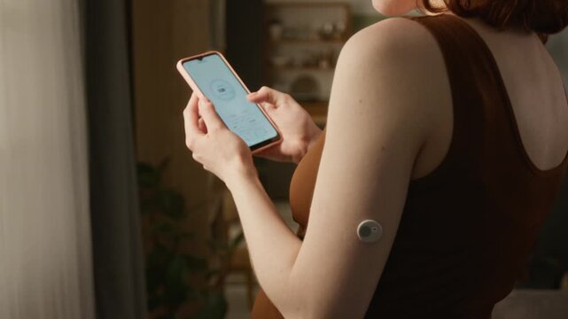 Close up of pregnant Caucasian young adult woman checking glucose levels on smartphone with continuous glucose monitor sensor on arm. Ideal for gestational diabetes and prenatal healthcare marketing