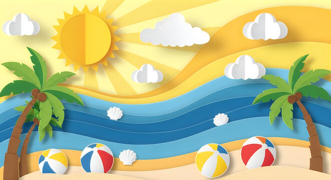 Vibrant beach scene with palm trees and colorful beach balls