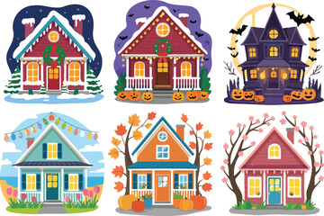 Naklejka premium Collection of six cartoon style house illustrations representing various seasonal themes including winter holidays autumn and spring