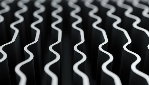 Abstract pattern of parallel wavy black metal strips creating a rhythmic undulating texture with soft lighting