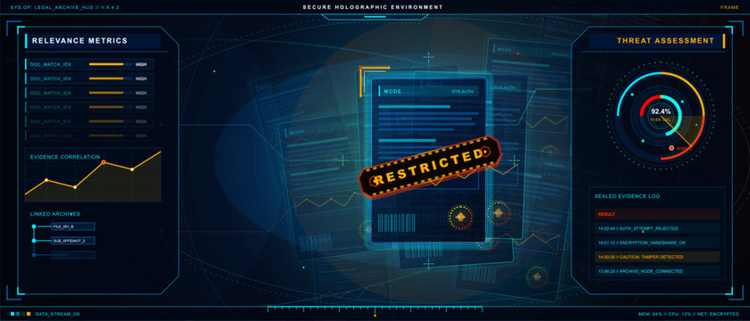 Futuristic vector legal archive HUD showing restricted documents, relevance metrics, evidence correlation and threat assessment panels on dark grid