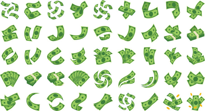 Falling money and flying green dollar bills vector icon set featuring cash flow wealth success currency stacks and financial rain concepts