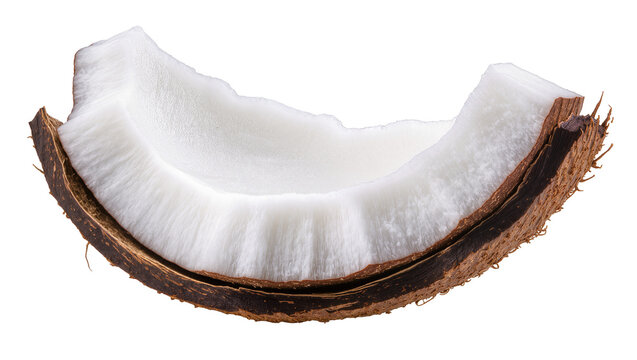 Isolated coconut piece, showing white flesh and dark brown shell, healthy exotic food ingredient