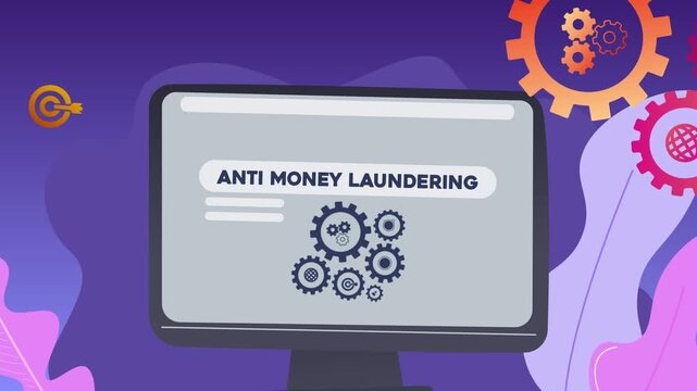 A computer screen displaying the text &ldquo;Anti Money Laundering&rdquo; and illustrations of gears