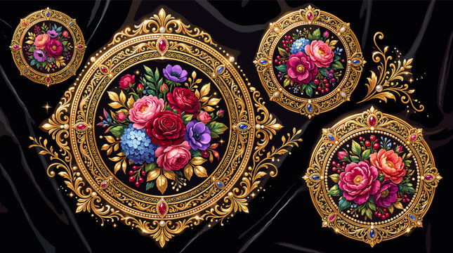 Exquisite Baroque-inspired floral arrangements in ornate gold frames, set against a dark, luxurious background.