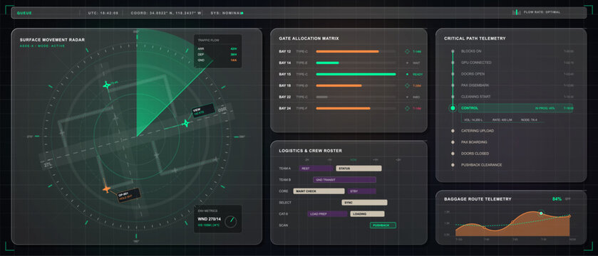 Dark airport operations dashboard showing surface movement radar, gate allocation matrix, path telemetry, crew roster and baggage routes