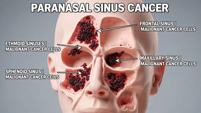 3D Medical Illustration of Paranasal Sinus Cancer Showing Malignant Tumors in Frontal, Ethmoid, Maxillary, and Sphenoid Sinuses