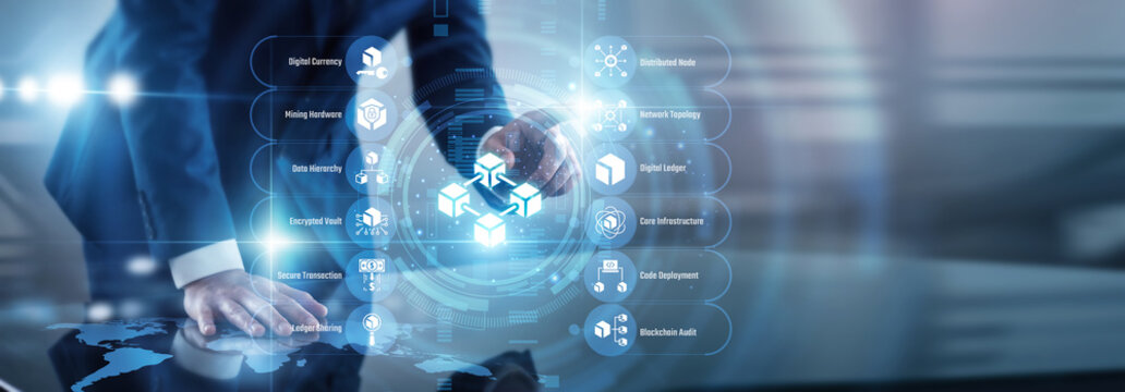 Developer point of Blockchain decentralized ledger and digital security concept processing encrypted financial transactions accurately. Transforming modern digital trust in a smart way.
