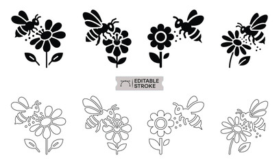 Bee Pollination Flower Icon Set. Editable Stroke. Vector Illustration © Mirza