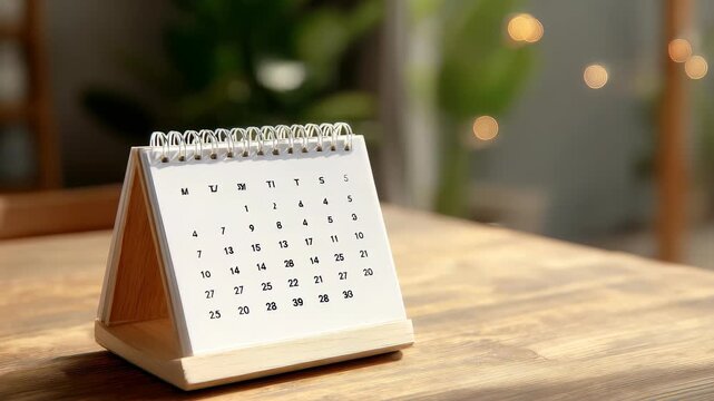 A clean spiral bound calendar is displayed on a wooden desk, surrounded by natural light and cozy decor elements. This image evokes organization, motivation, and a calm work environment