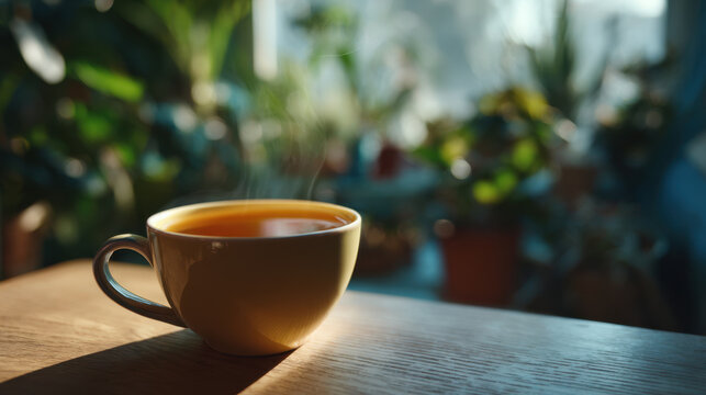 Hot tea in cup on wooden table warm sunlight blurred background cozy interior morning drink steam ceramic mug home setting soft focus
