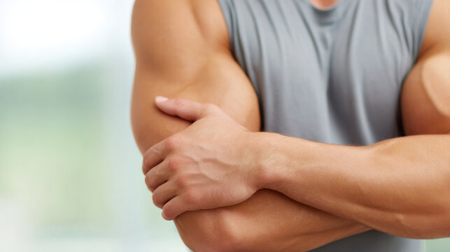 Muscle weakness in arm, man holding elbow with pain and strain, close up of injured limb with fitness shirt and blurred background