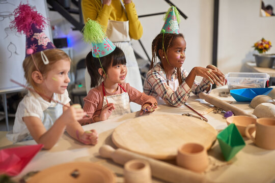 Happy kids are creative on a birthday party workshop.  Creative, hobby ,workshop  concept