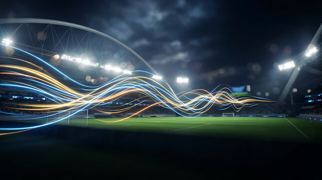 Abstract sports stadium background featuring dynamic glowing light trails and energy waves over a soccer field at night