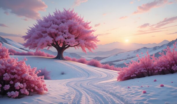 blooming pink cherry blossom tree on snow covered winter mountain path at sunset