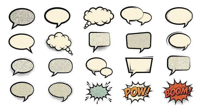 Collection of comic book style speech bubbles and thought bubbles.