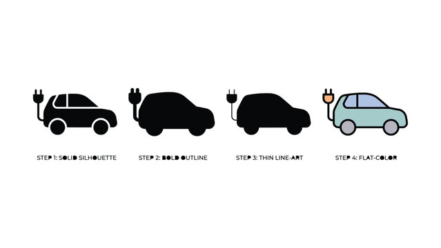 Four sequential steps demonstrating electric vehicle illustration improvement process in simple design