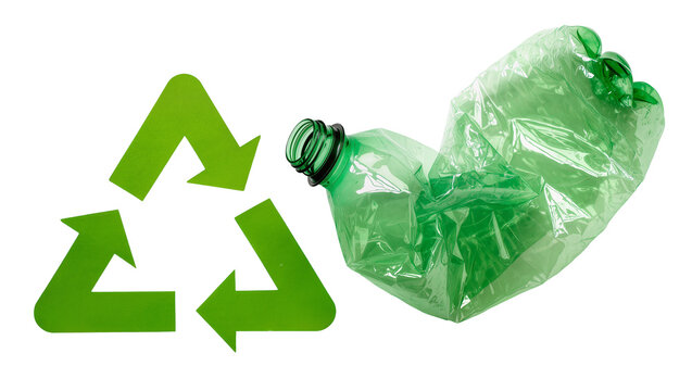 Isolated crushed green plastic bottle and eco-friendly recycle arrows graphic concept