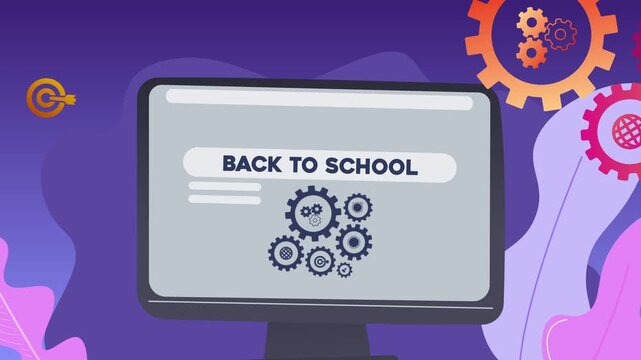 A computer screen displaying the text &ldquo;Back to School&rdquo; and illustrations of gears