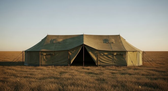 Large military tent in open field.
