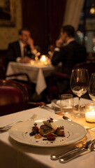 Obraz premium Elegant dining experience with gourmet dish in a romantic restaurant ambiance 