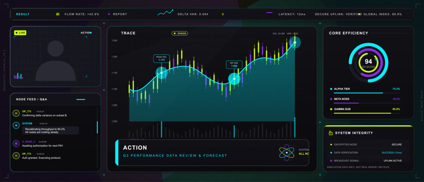 Futuristic financial analytics dashboard vector with neon candlestick chart, efficiency gauge, live feed and system integrity panels on dark grid