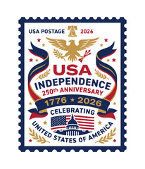 Obraz premium Usa independence 250th anniversary commemorative postage stamp design with eagle, liberty bell, american flag and capitol building editable vector file isolated on transparent background