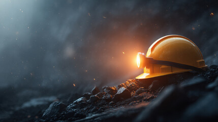 Fototapeta premium Mining helmet on coal rocks with glowing lamp, dark industrial tunnel, smoky atmosphere, safety and hard work
