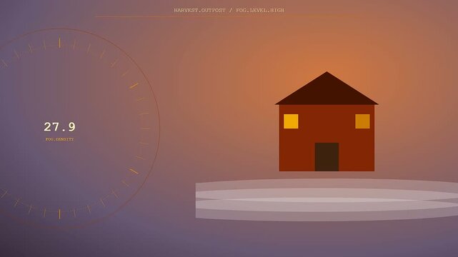 An autumn fog blanket surrounds a small suburban house as digital metrics display atmospheric changes within a dark gradient interface in this cinematic monitoring sequence