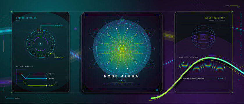 Futuristic botanical data dashboard vector with neon mandala node, telemetry panels, spectral wave graph and dark grid interface screen