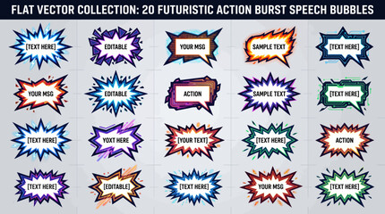 Obraz premium Collection of 20 futuristic action burst speech bubbles with editable text.