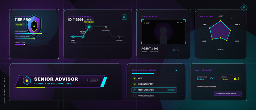 Dark insurance advisor dashboard vector with plan summary, claim trace, support feed, risk matrix, required documents and live telemetry panels