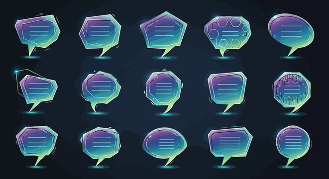 Collection of futuristic holographic speech bubbles with text inside.
