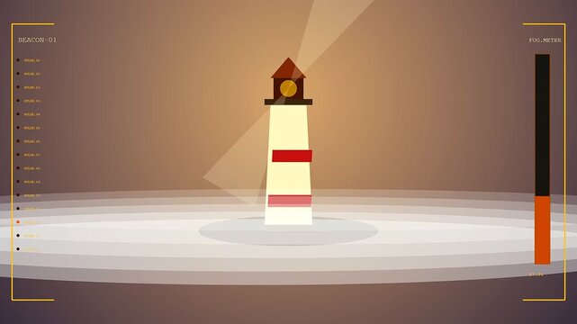 An autumn fog blanket surrounds a nautical beacon with changing status indicators and fluctuating light intensity levels shown in a layered digital display interface at night