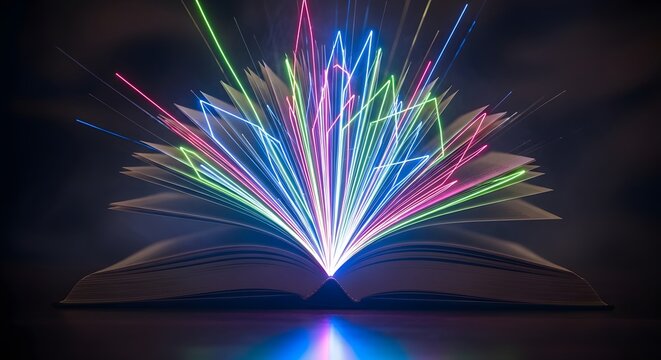 Glowing open book with neon light rays, magical storytelling concept with vibrant laser beams, creative imagination and digital education background