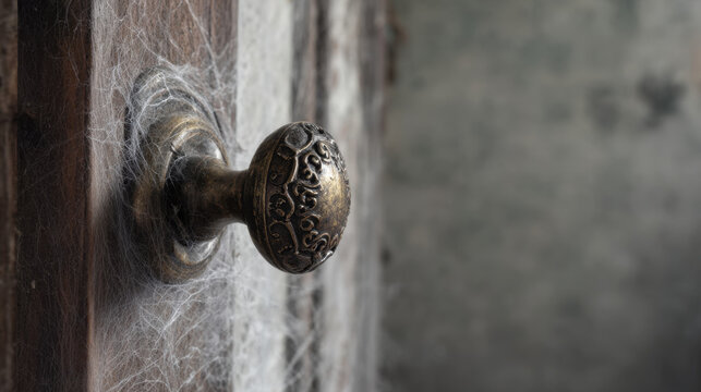 Ornate door knob with cobweb in old interior